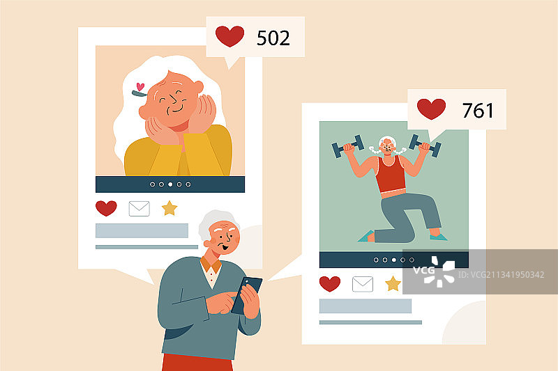 老年男子在手机社交媒体老年妇女照片按喜欢图片素材