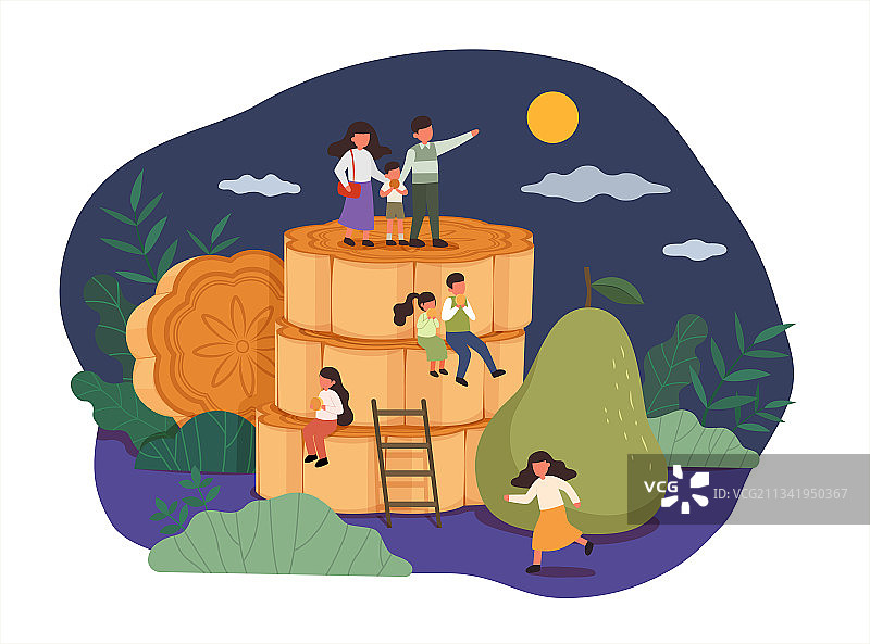 微型人物攀爬月饼赏月 中秋佳节平面插图图片素材