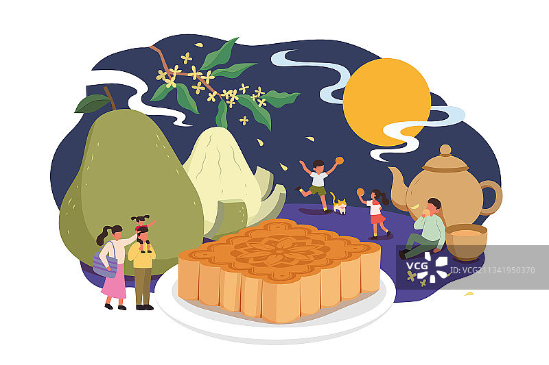 微型人物穿梭于广式月饼与柚子之间平面插图图片素材