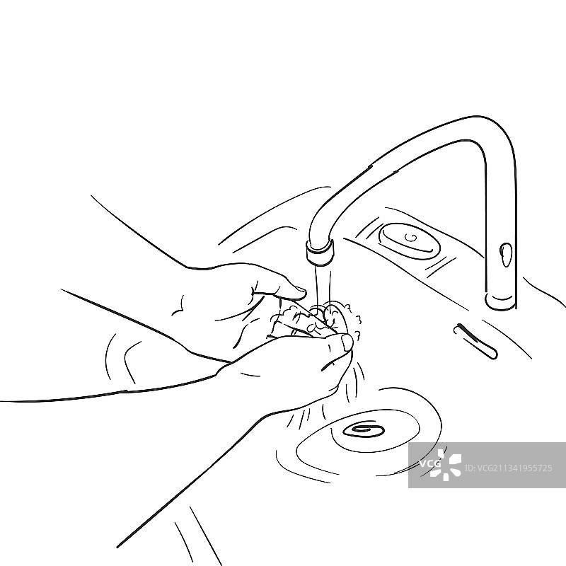 素描在水槽中用自来水洗手图片素材