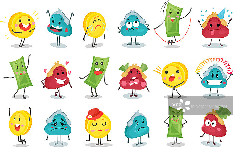 拟人化的有趣钱包、钞票和硬币图片素材