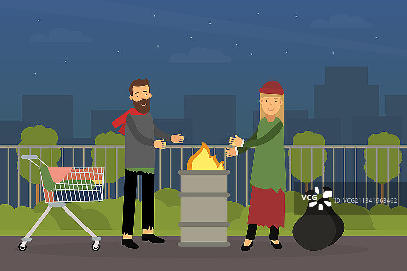 无家可归的胡须男人和女人在取暖图片素材