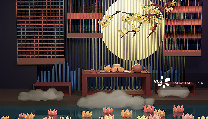 中秋节吃月饼赏月赏桂花图片素材