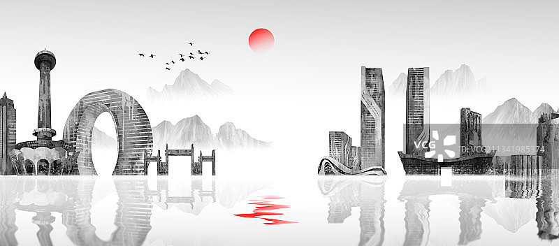 手绘城市地标建筑江门图片素材