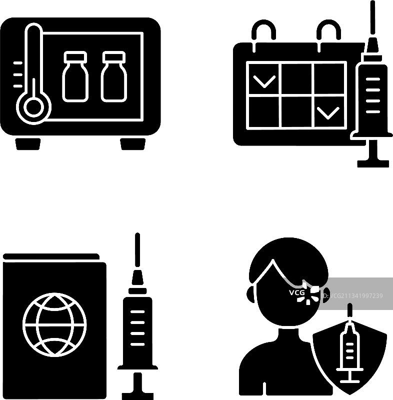 白色背景上的疫苗注射黑色图标集图片素材