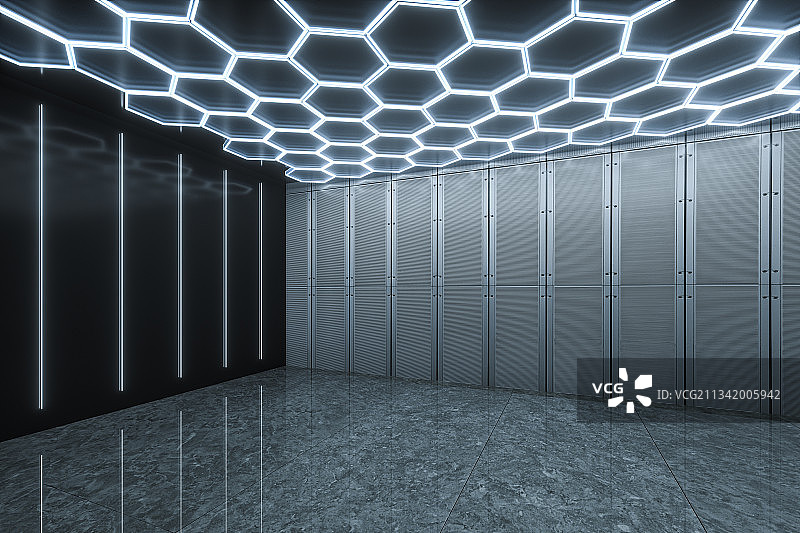 蜂窝状顶灯的室内空间，三维图形图片素材