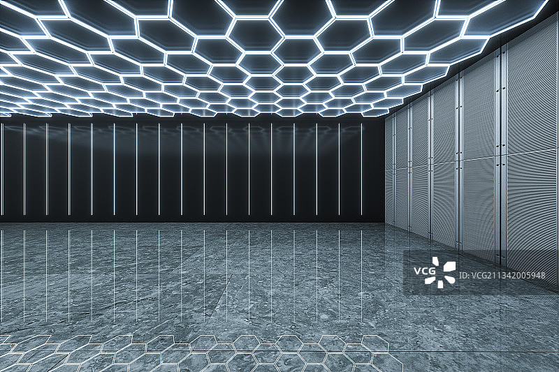 蜂窝状顶灯的室内空间，三维图形图片素材