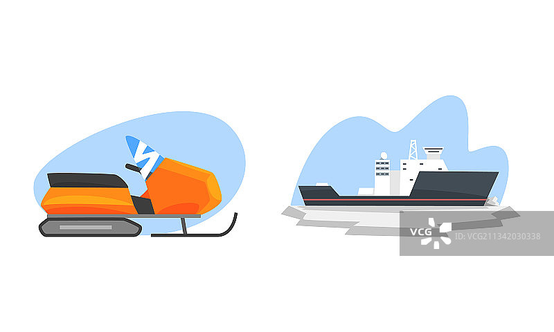 北极探险家雪地摩托和破冰船图片素材