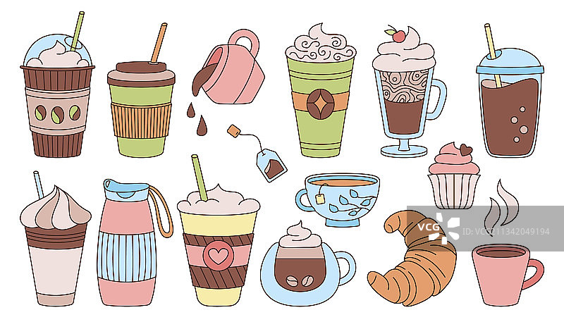 咖啡杯卡通素描套装图片素材