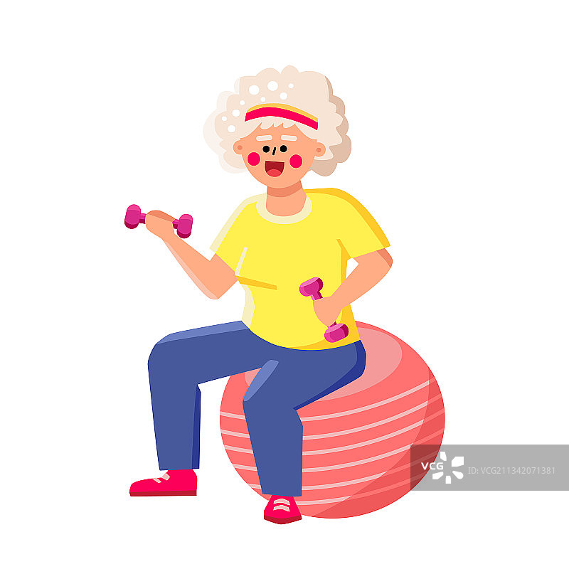 老年妇女坐在健身球上举哑铃图片素材
