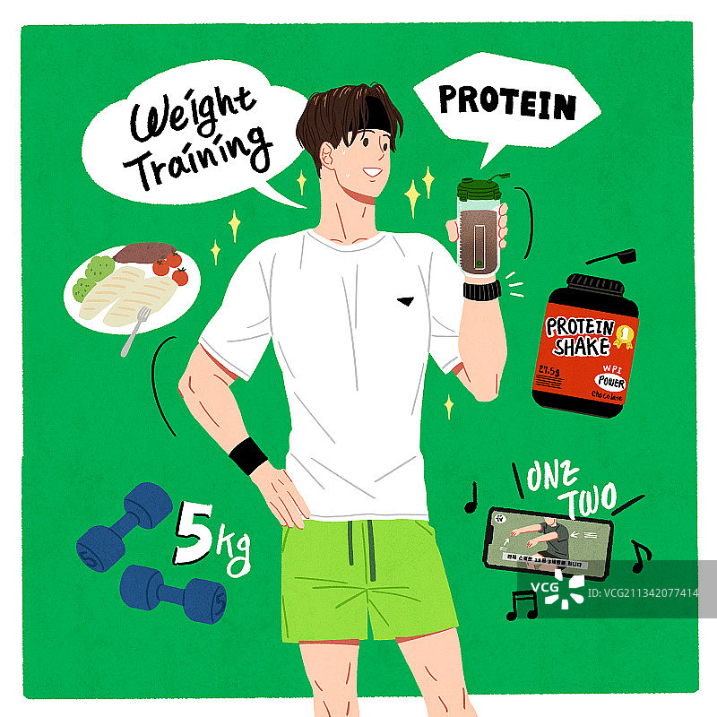生活方式书法，年度活动，青年男子，负重训练，蛋白饮品，哑铃，鸡胸肉，运动服图片素材