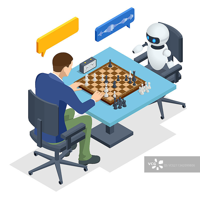 2.5D机器人与男人下棋图片素材