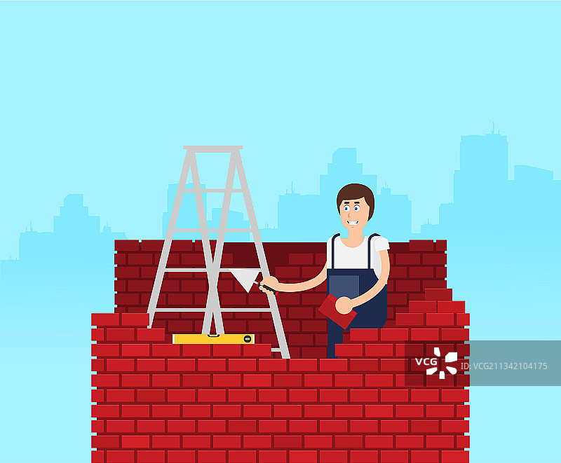 扁平风格青年男子砖块堆垛工与设备图片素材