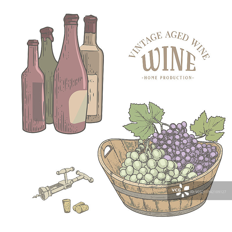 复古的葡萄桶和酒瓶图片素材