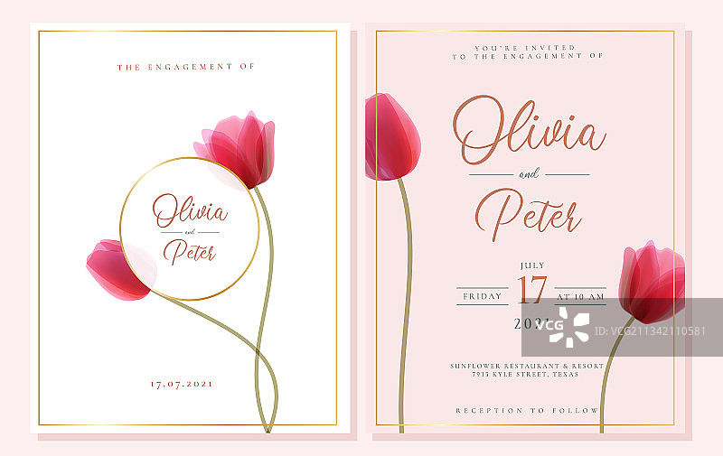 优雅的白色和粉色订婚邀请函图片素材