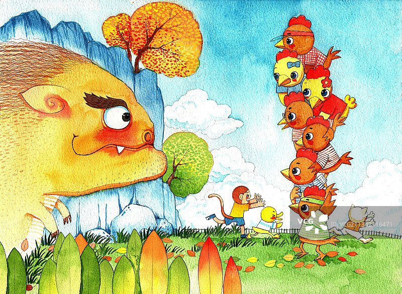 绘本插画母鸡小鸡系列-怪物遇到叠罗汉的小鸡图片素材
