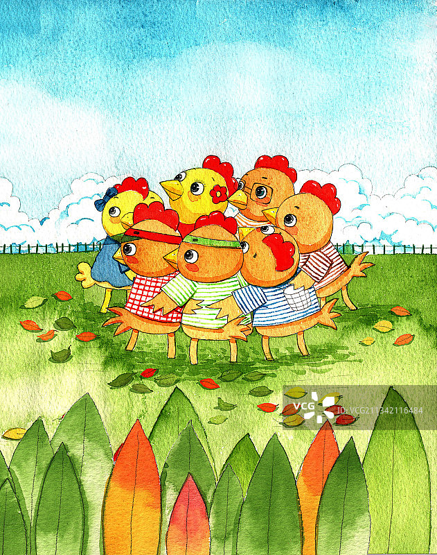 绘本插画母鸡小鸡系列-团结就是力量图片素材