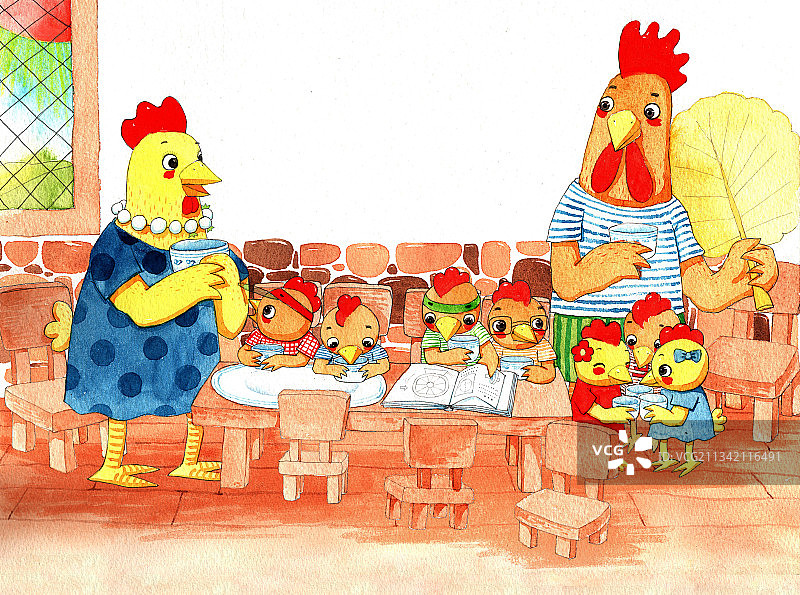 绘本插画母鸡小鸡系列-公鸡和母鸡教育小鸡图片素材