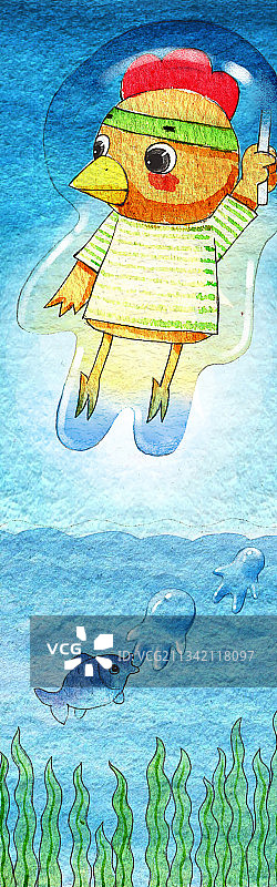 绘本插画母鸡小鸡系列-坐在泡泡上去旅游图片素材