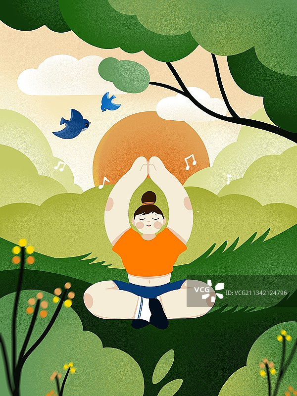 绿色丛林中瑜伽运动插画图片素材