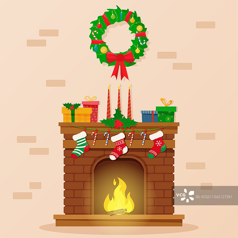 带礼物袜子和蜡烛的圣诞壁炉图片素材