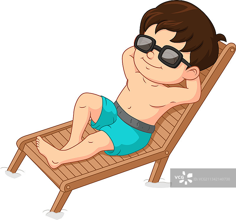 卡通男孩在日光躺椅上享受日光浴图片素材