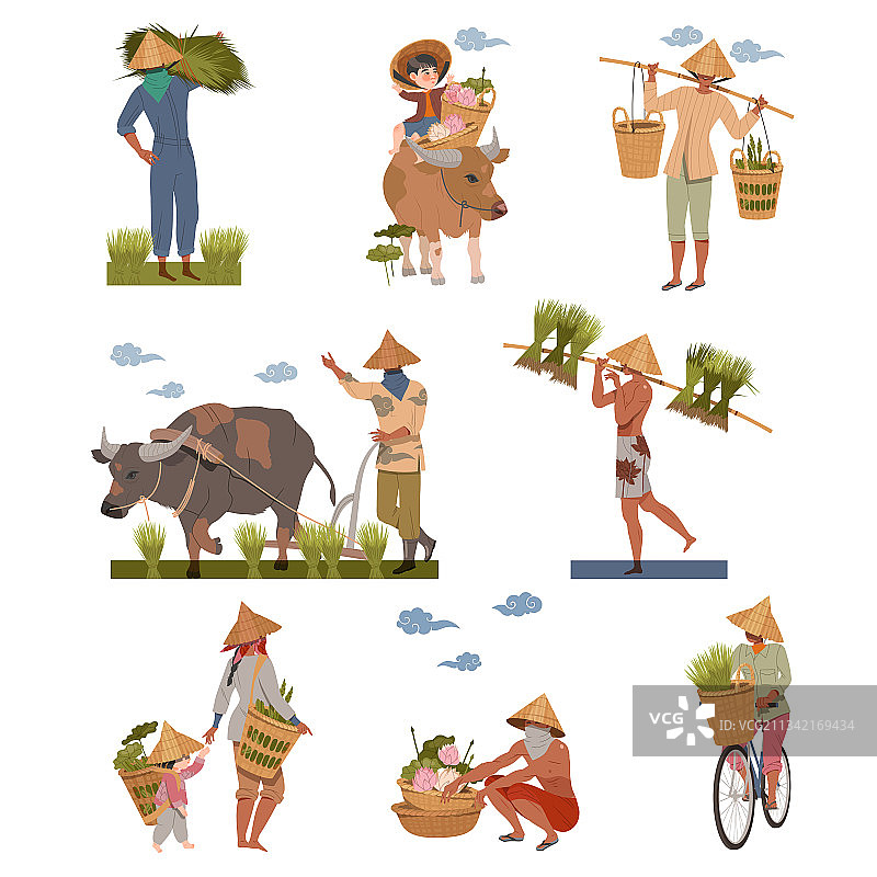 戴着斗笠的亚洲农民在劳作图片素材