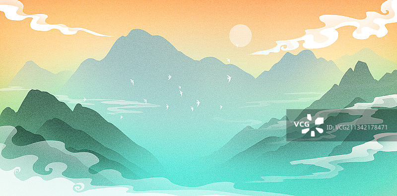 新中式山水插画图片素材