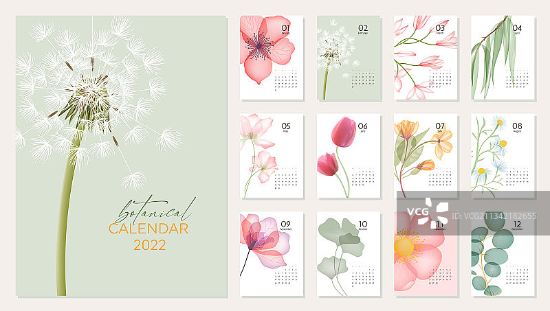 带有抽象花卉的2022年日历模板图片素材