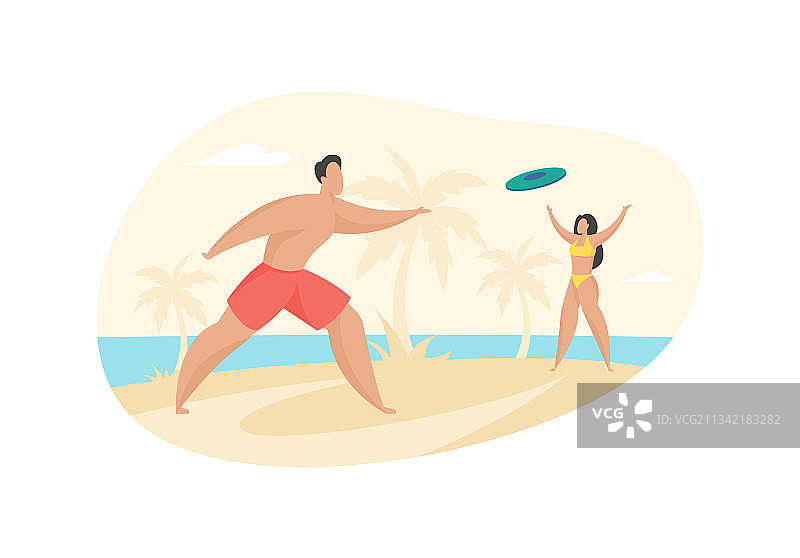 海滩飞盘：男人投掷绿色塑料飞盘图片素材