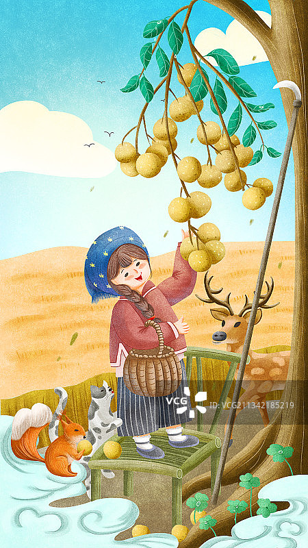 小动物们陪着女孩摘龙眼节气白露背景插画图片素材