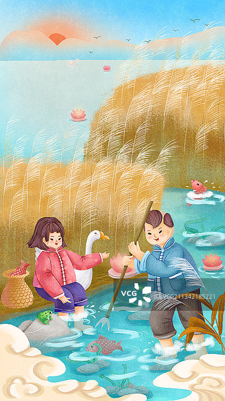 两个小孩在芦苇荡的河边捕鱼节气背景插画图片素材