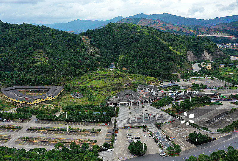 福建省漳州市福建土楼南靖景区游客服务中心和土楼欢乐谷航拍图片素材