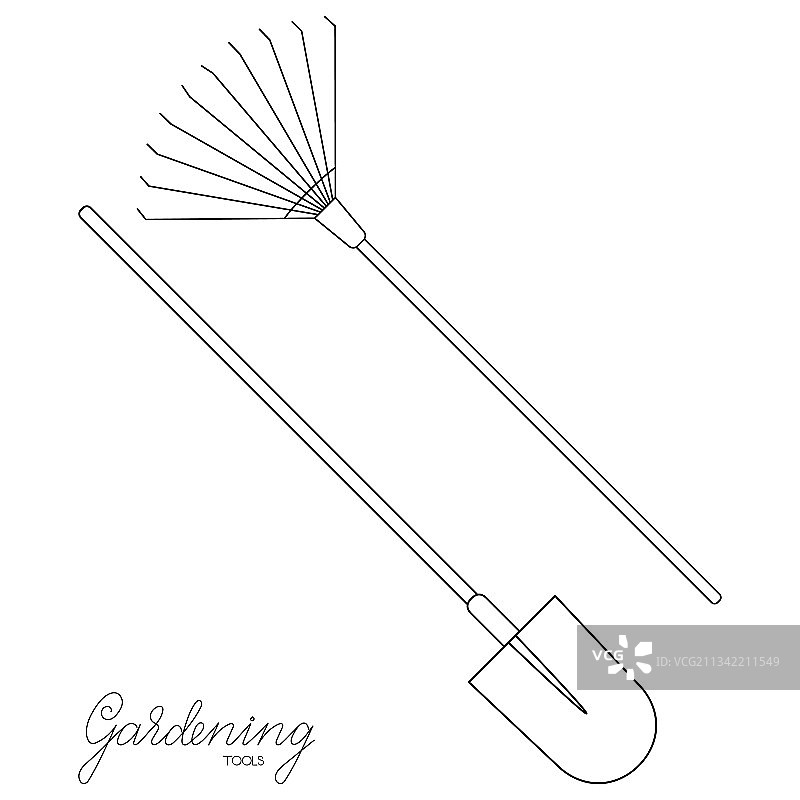 园艺工具铲子和草耙图片素材