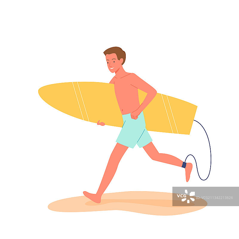快乐的冲浪者在热带海滩上拿着冲浪板奔跑图片素材
