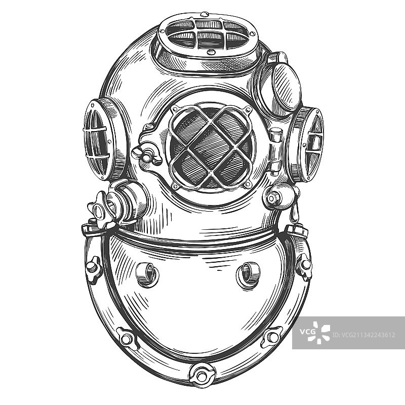 手绘老式水下潜水头盔图片素材