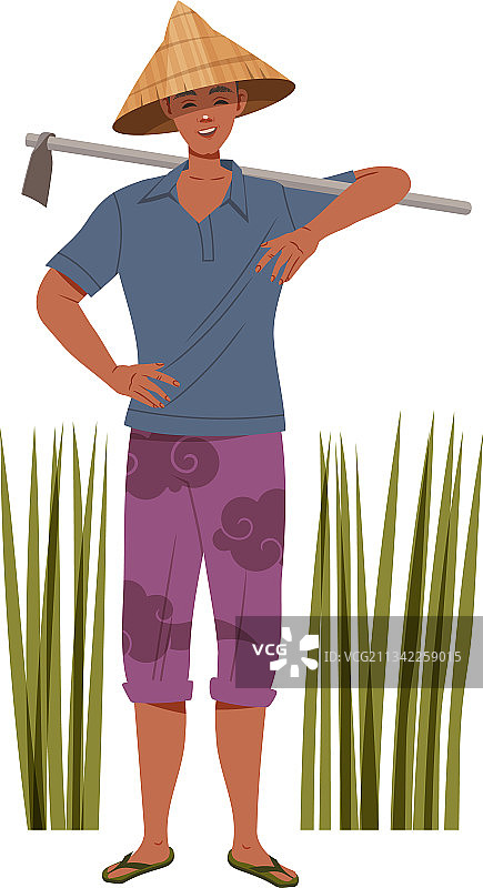 戴草帽的亚洲农民拿着锄头图片素材