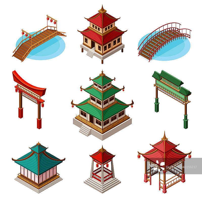 具有宝塔门和桥梁的亚洲建筑图片素材