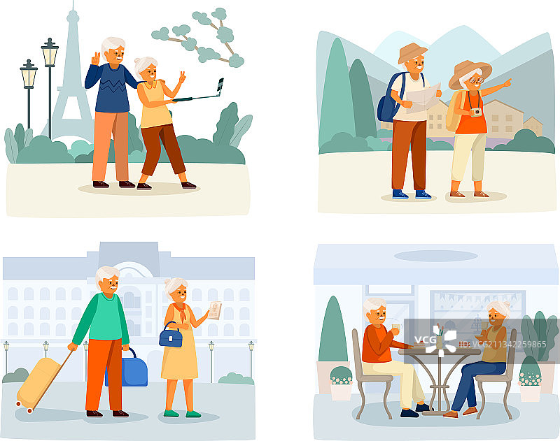 老年人幸福生活卡通图标集图片素材