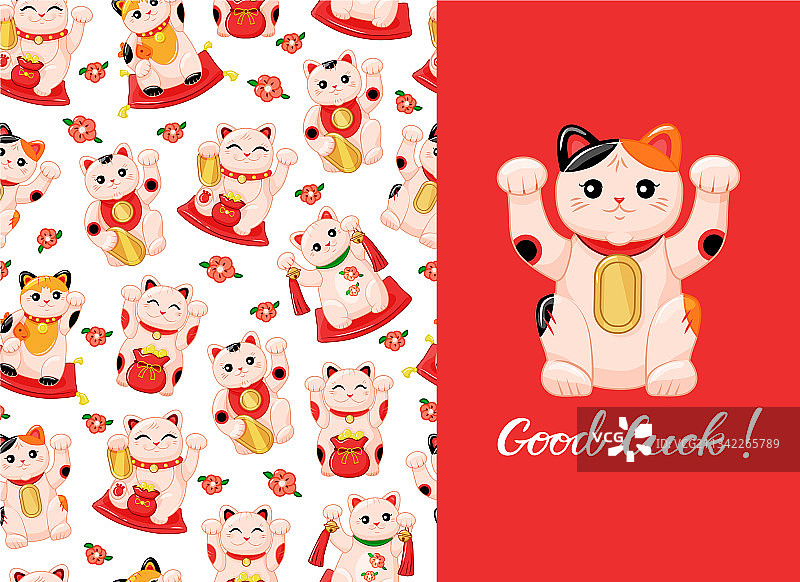 白色背景上的日式猫咪彩色无缝图案图片素材