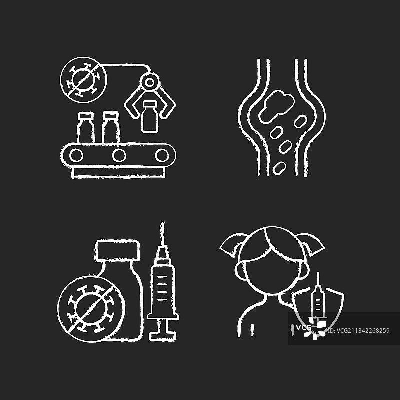 黑色背景上的疫苗接种粉笔白色图标集图片素材