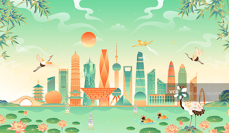 上海杭州地标建筑矢量插画图片素材