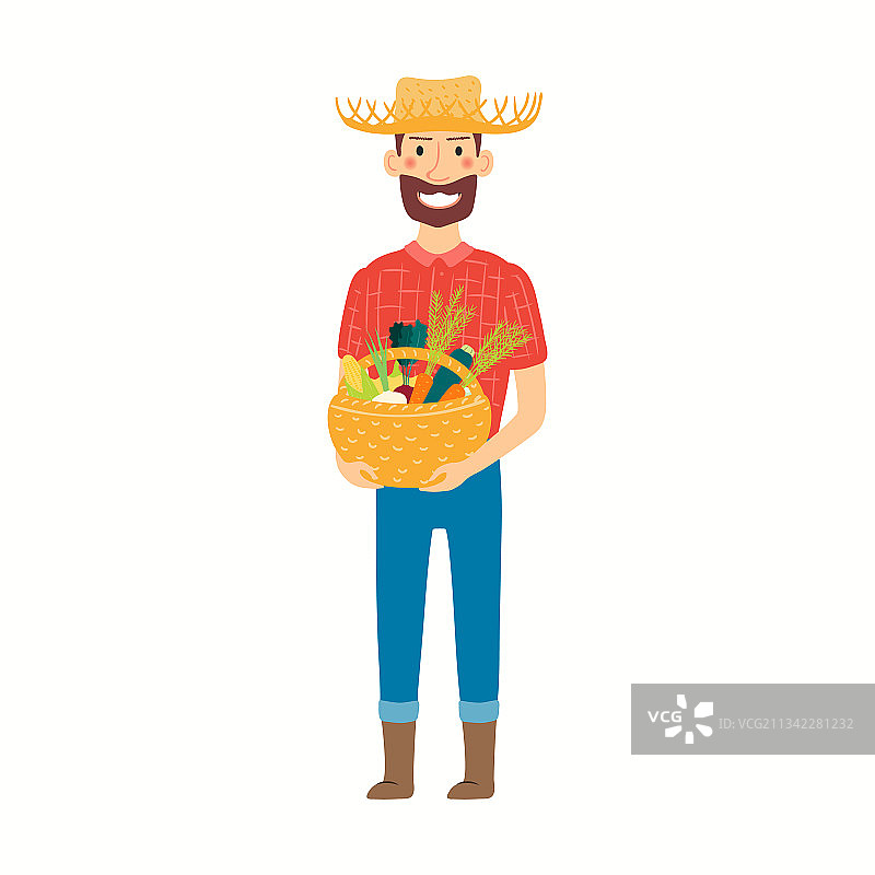 卡通农民抱着蔬菜篮图片素材