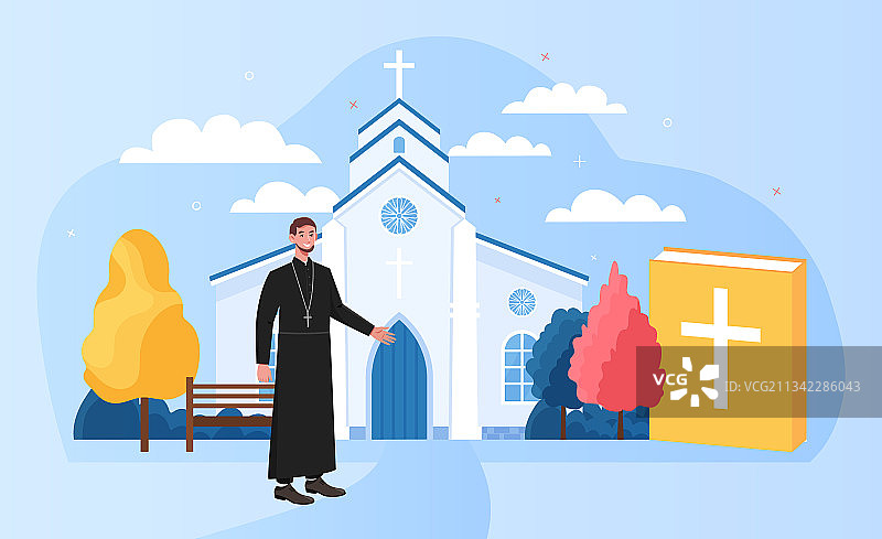 站在白色大教堂外的男祭司图片素材