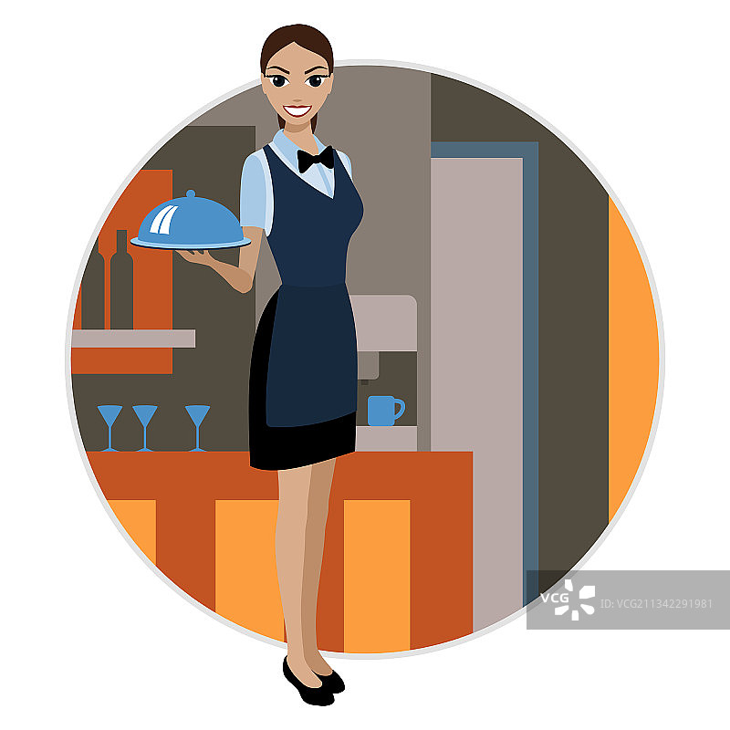 托着托盘的微笑女服务员图片素材