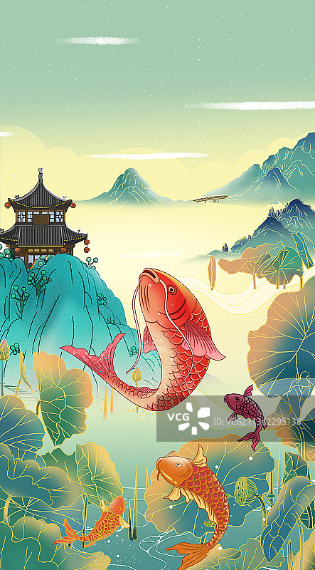 国潮风传统国画新中式青绿山水亭台楼阁鲤鱼跳荷花国风插画图片素材
