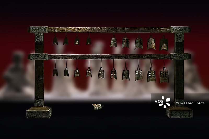 春秋时期的卷云纹铜纽钟与唐代出土的歌舞俑图片素材