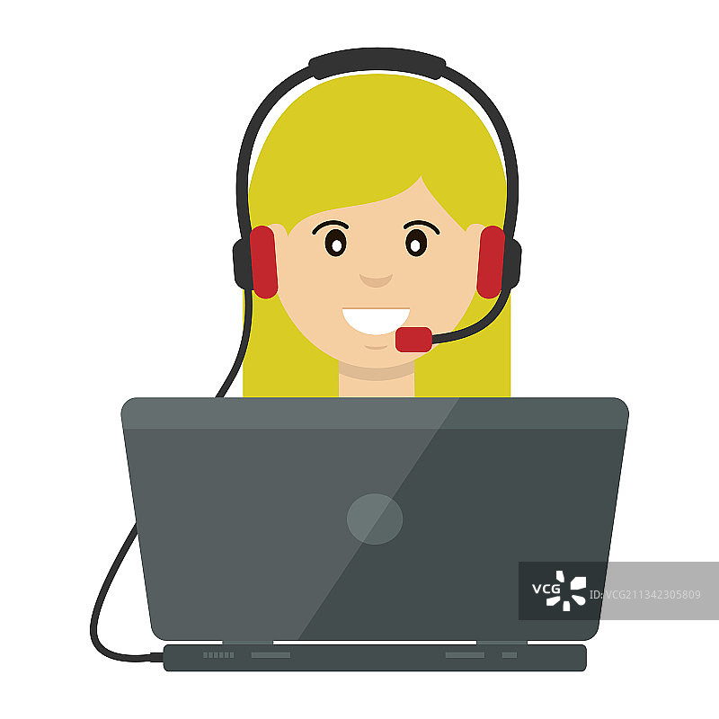 快乐的女接线员与电脑耳机图片素材