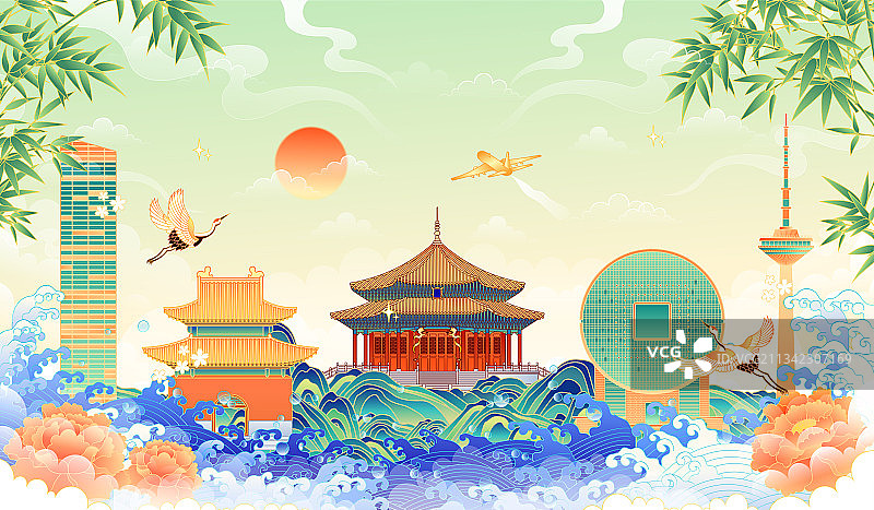 国潮沈阳地标建筑矢量插画图片素材
