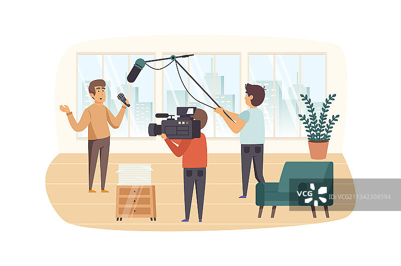记者和摄制组在室内拍摄报道图片素材